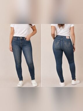 NWOT True Religion Jennie Curvy Skinny Jeans Sz 28 Blue Mid Rise Stud Horseshoe